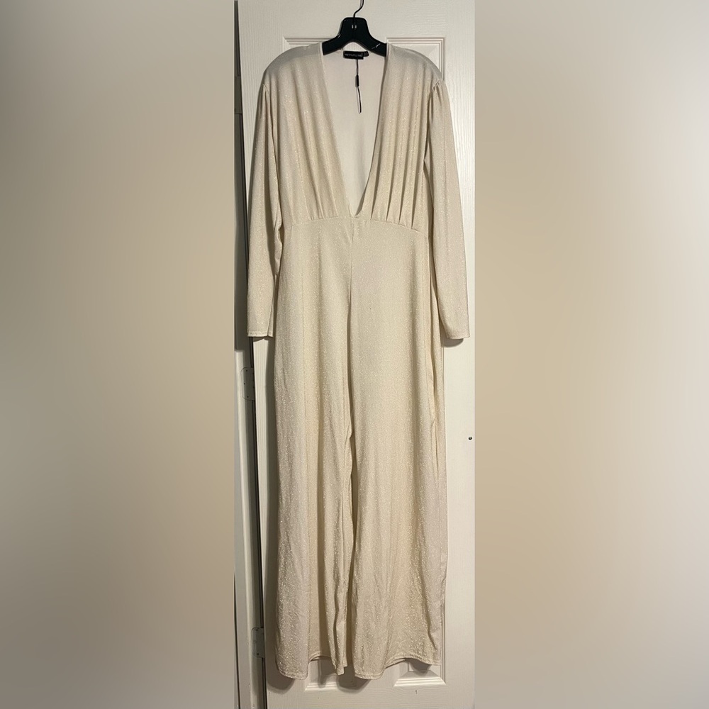 PrettyLittleThing Cream Sparkle Jumpsuit. Size 14, new without tags